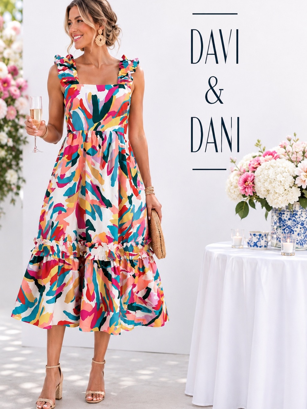 Full, Colorful Abstract Ruffle Strap Tiered Midi Sundress Lined Cotton — Size M
